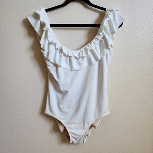 Kortni Jeane Double Ruffle Swimsuit White ribbed sz Large